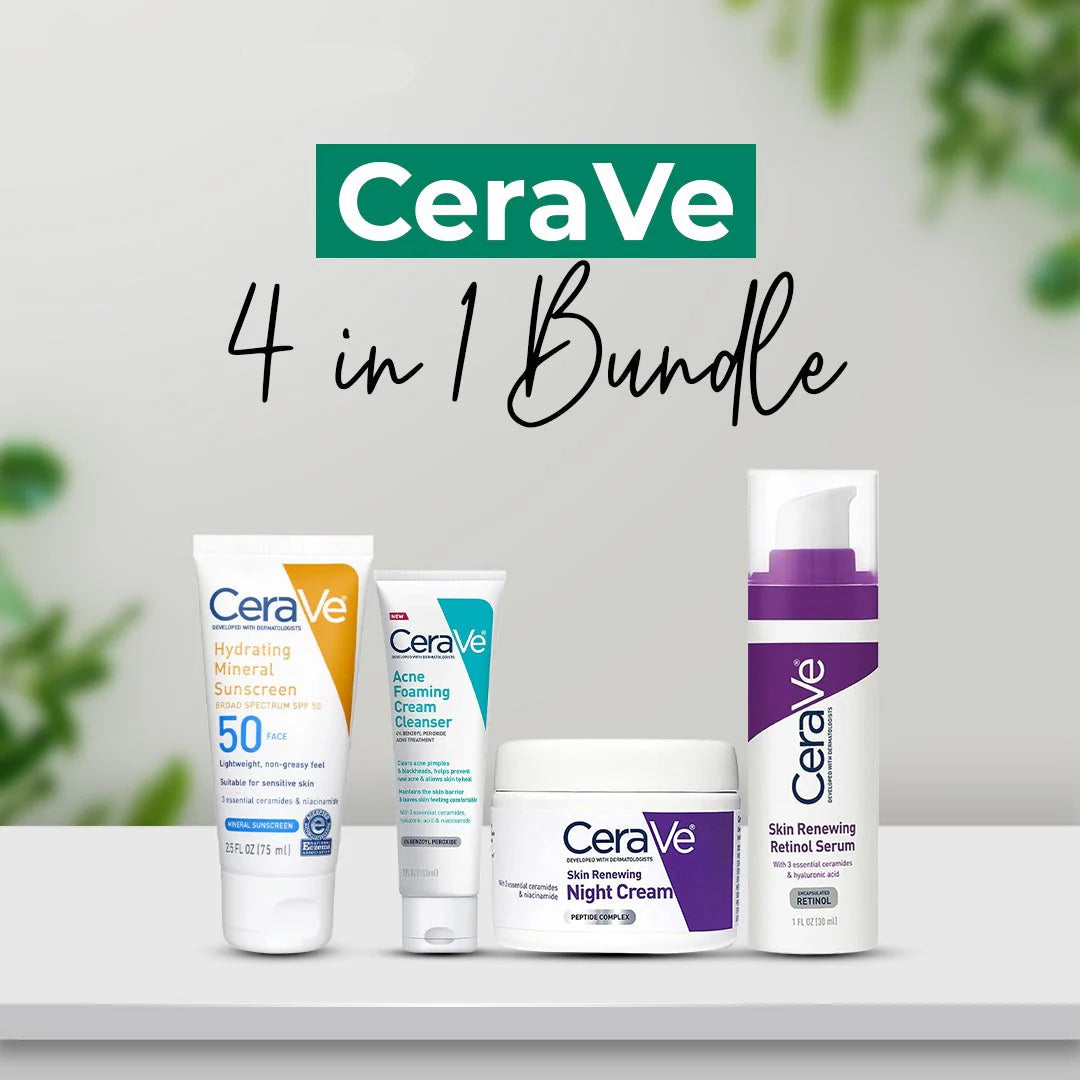 4 in 1 Set- Cerave Skincare Set – Night Cream, Retinol Serum, Acne Foaming Cream Cleanser, And Hydrating Mineral Sunscreen Spf 50