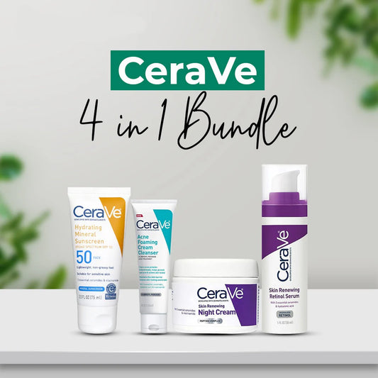 4 in 1 Set- Cerave Skincare Set – Night Cream, Retinol Serum, Acne Foaming Cream Cleanser, And Hydrating Mineral Sunscreen Spf 50
